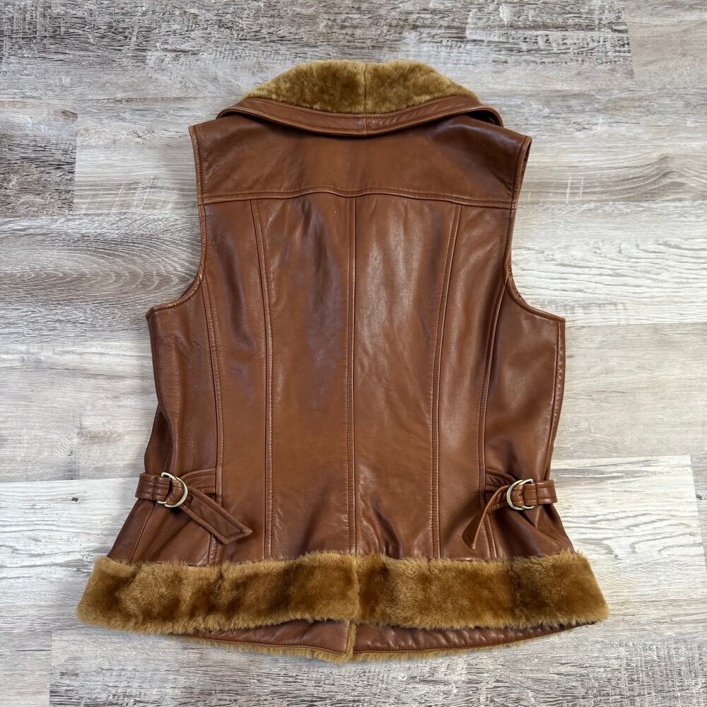 Vintage 90s Dana Buchman Brown Leather Shearling Vest Luxe Mob Wife Small - Picture 5 of 9